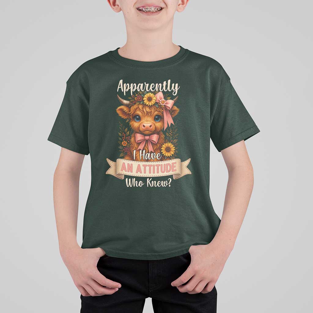 Apparently I Have An Attitude Who Knew T Shirt For Kid Funny Sarcasm Highland Cow - Wonder Print Shop