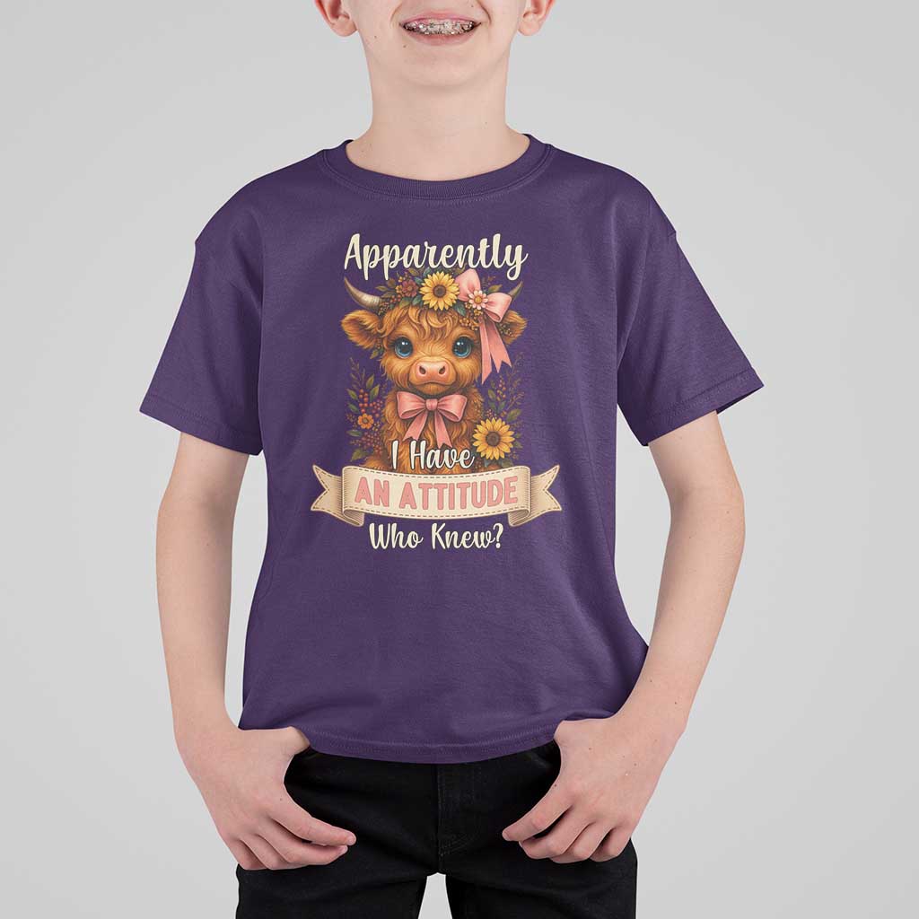 Apparently I Have An Attitude Who Knew T Shirt For Kid Funny Sarcasm Highland Cow - Wonder Print Shop