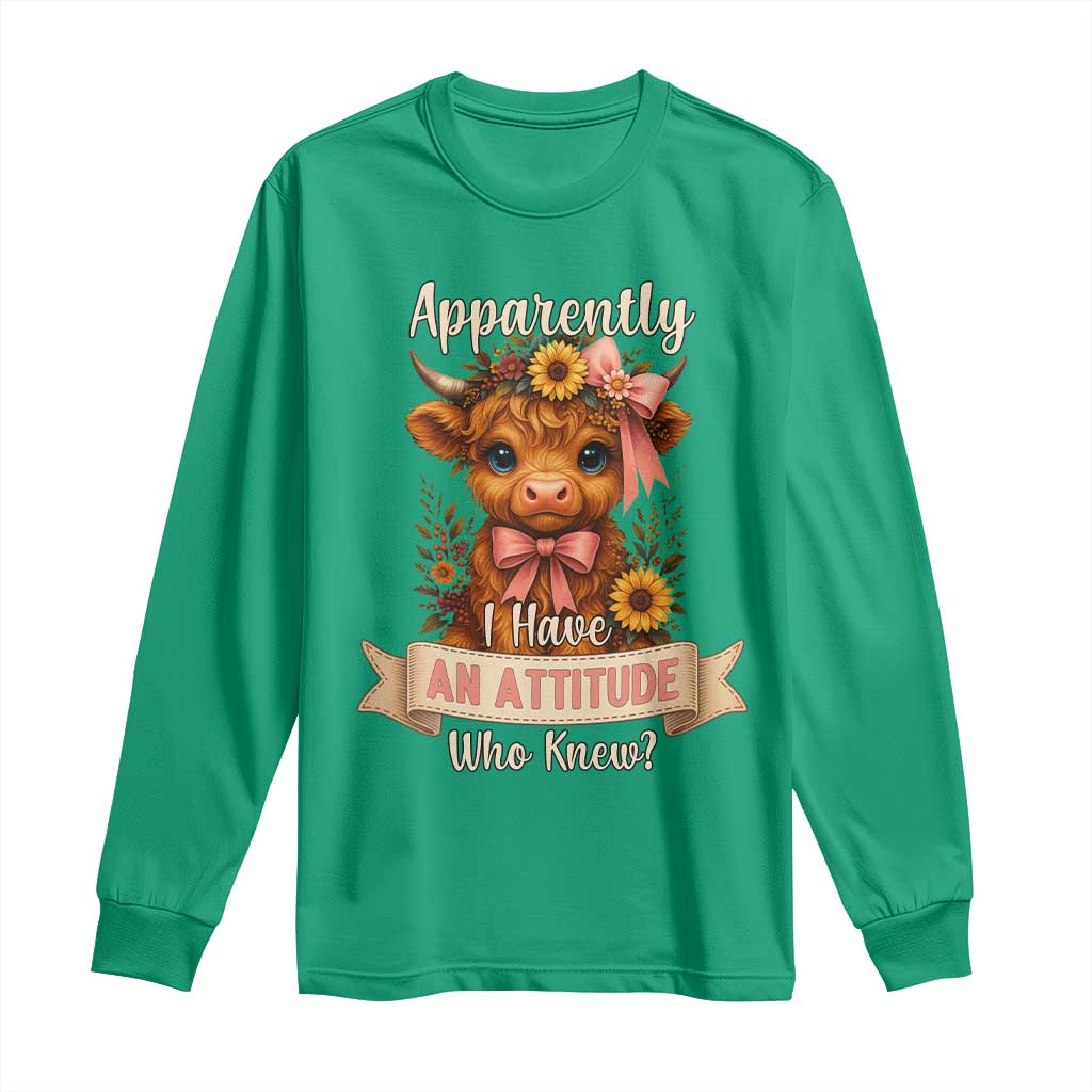 Apparently I Have An Attitude Who Knew Long Sleeve Shirt Funny Sarcasm Highland Cow - Wonder Print Shop