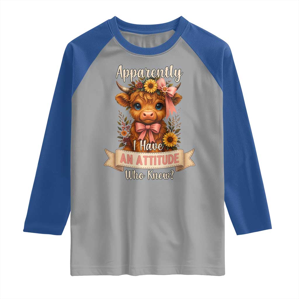 Apparently I Have An Attitude Who Knew Raglan Shirt Funny Sarcasm Highland Cow - Wonder Print Shop