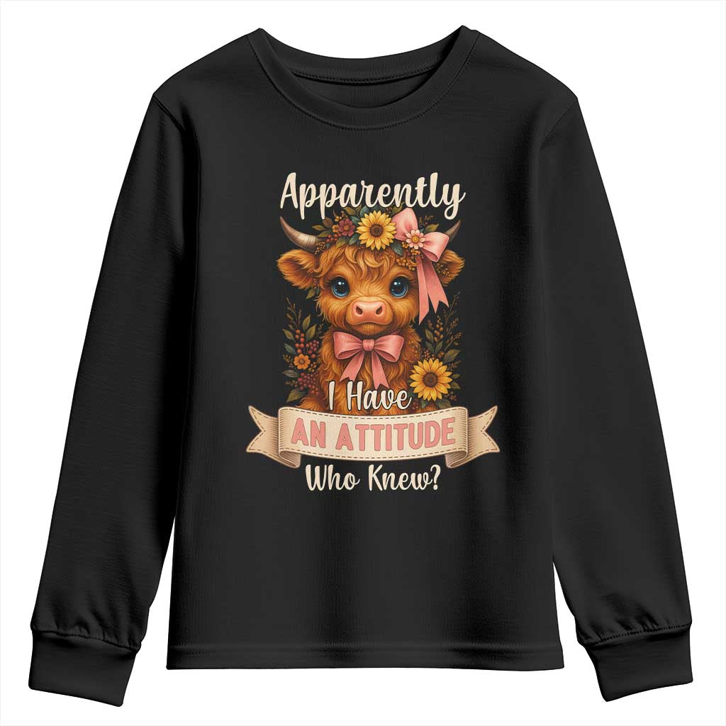 Apparently I Have An Attitude Who Knew Youth Sweatshirt Funny Sarcasm Highland Cow - Wonder Print Shop