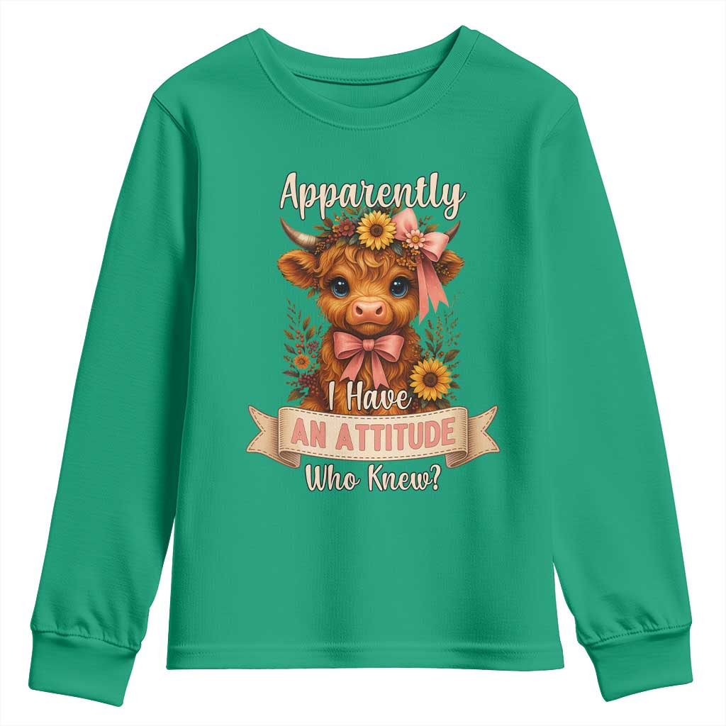Apparently I Have An Attitude Who Knew Youth Sweatshirt Funny Sarcasm Highland Cow - Wonder Print Shop