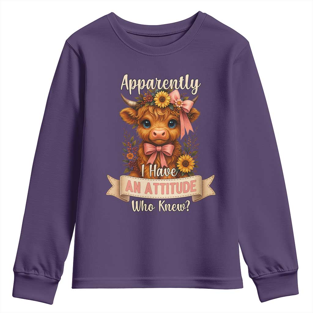 Apparently I Have An Attitude Who Knew Youth Sweatshirt Funny Sarcasm Highland Cow - Wonder Print Shop