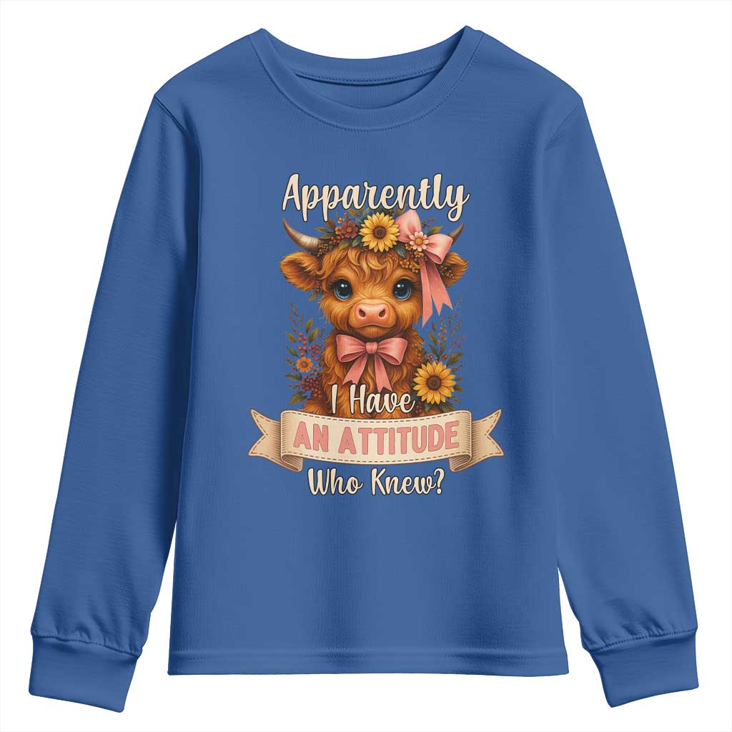 Apparently I Have An Attitude Who Knew Youth Sweatshirt Funny Sarcasm Highland Cow - Wonder Print Shop