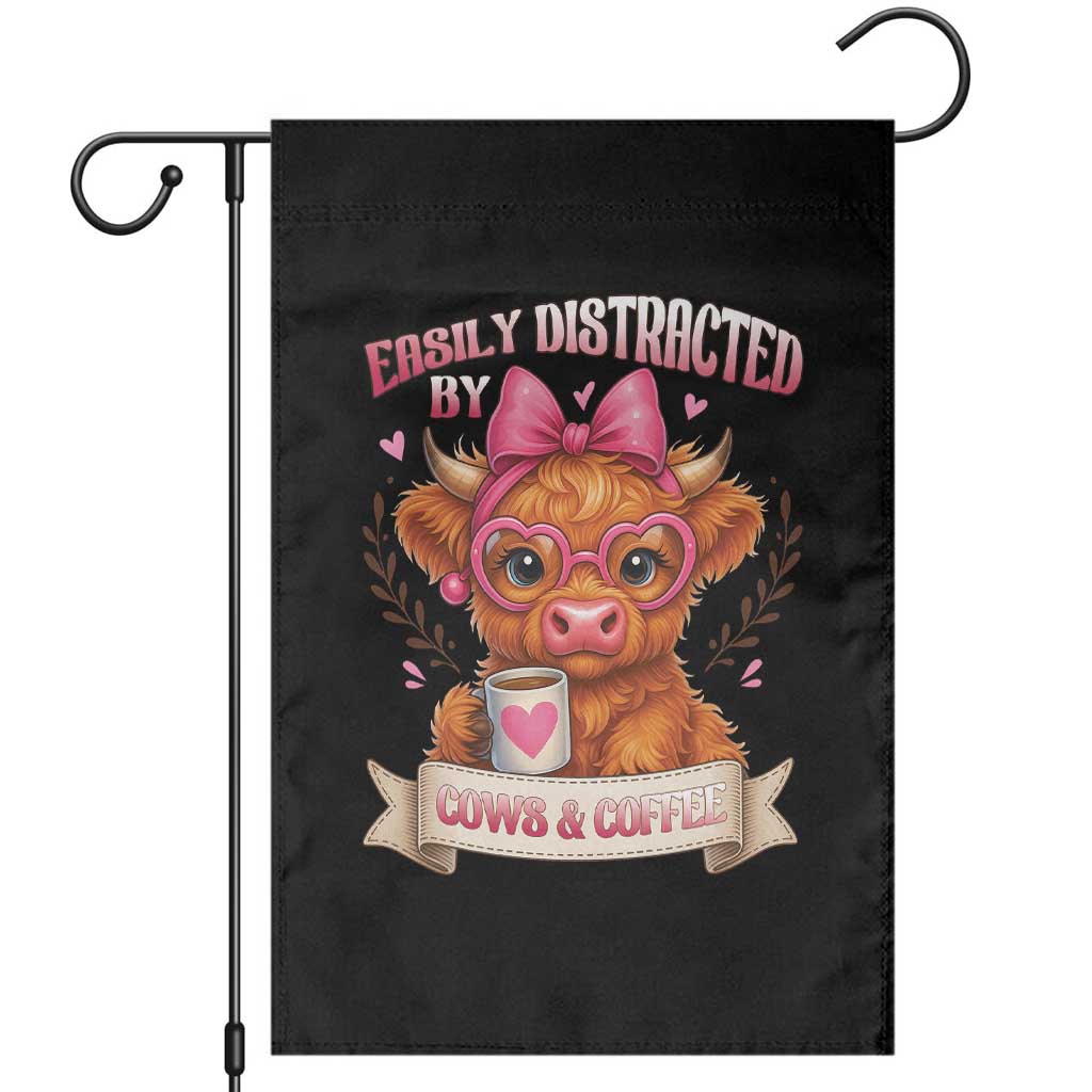 Easily Distracted By Cow And Coffee Garden Flag Funny Highland Cow - Wonder Print Shop