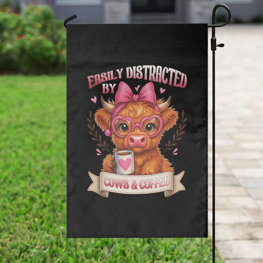 Easily Distracted By Cow And Coffee Garden Flag Funny Highland Cow - Wonder Print Shop