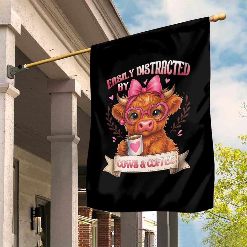 Easily Distracted By Cow And Coffee Garden Flag Funny Highland Cow - Wonder Print Shop