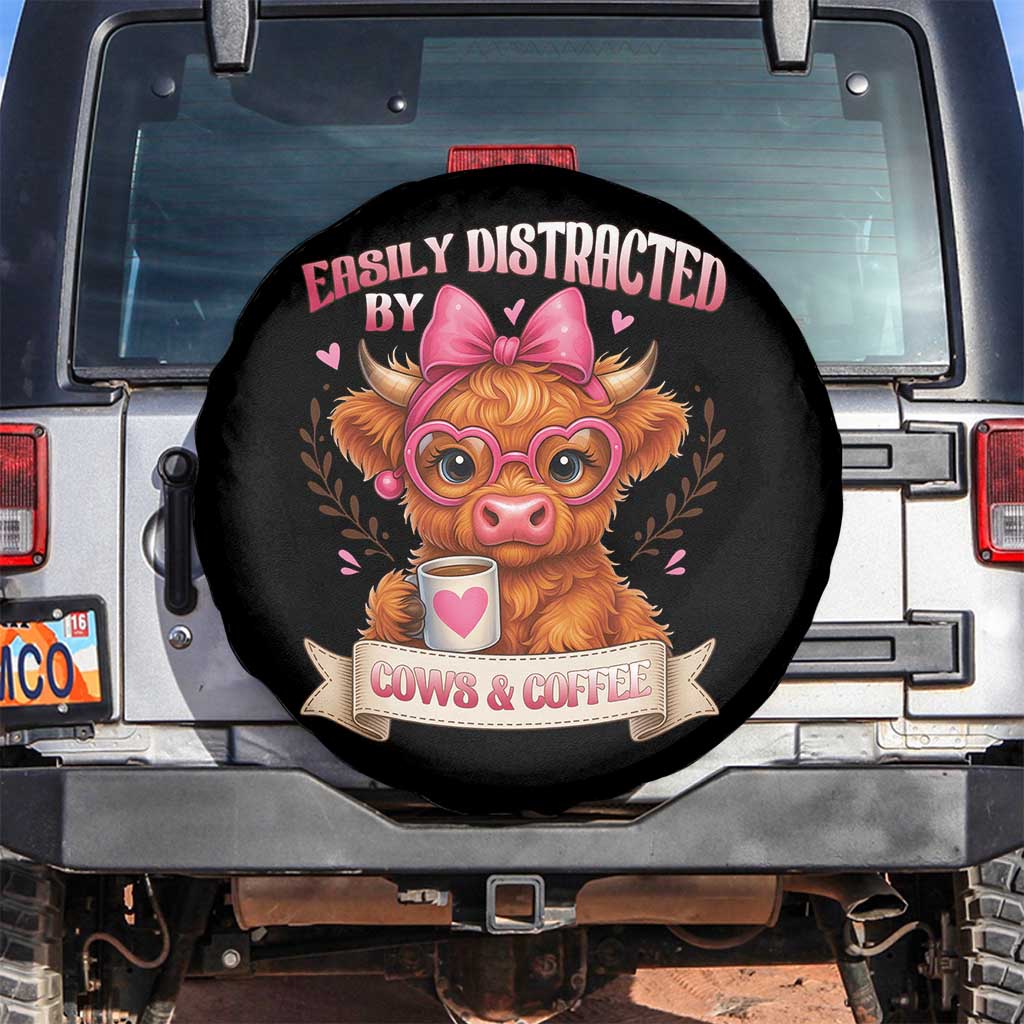 Easily Distracted By Cow And Coffee Spare Tire Cover Funny Highland Cow - Wonder Print Shop