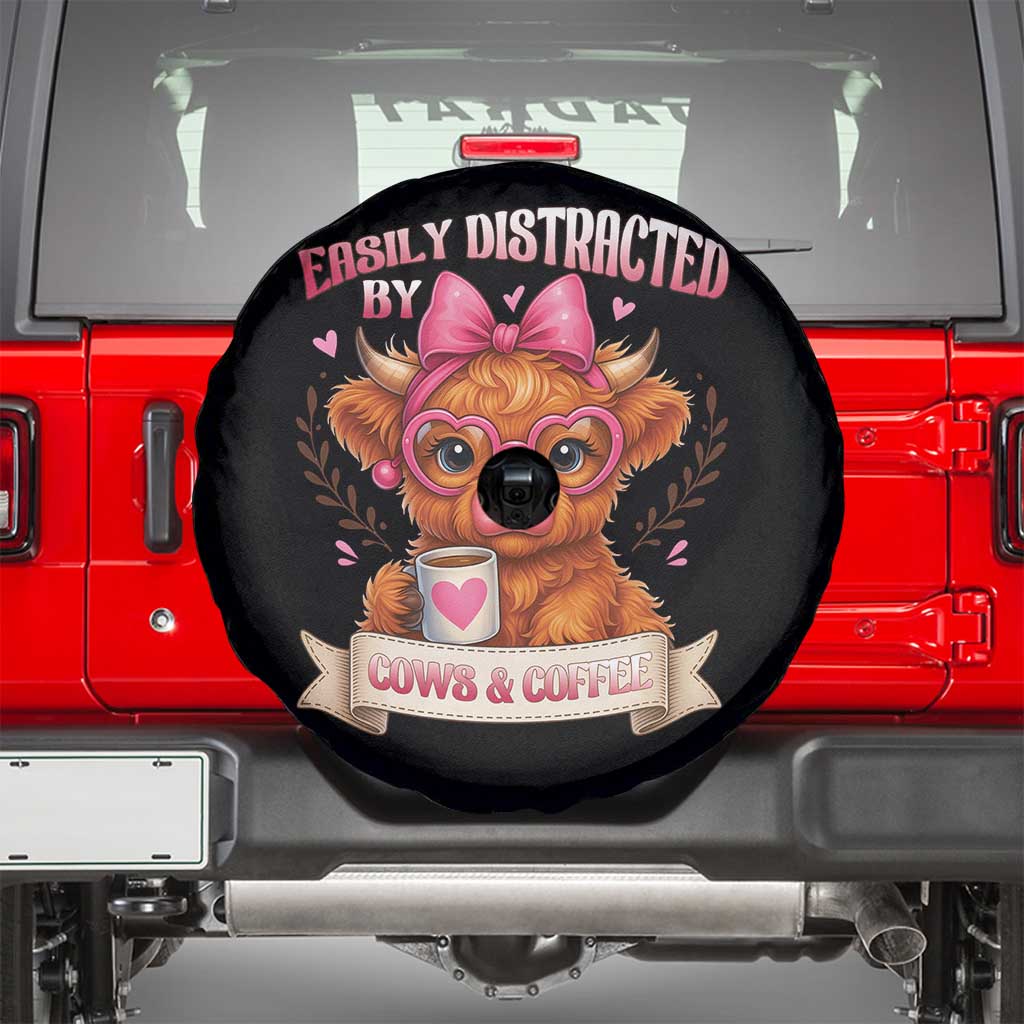 Easily Distracted By Cow And Coffee Spare Tire Cover Funny Highland Cow - Wonder Print Shop