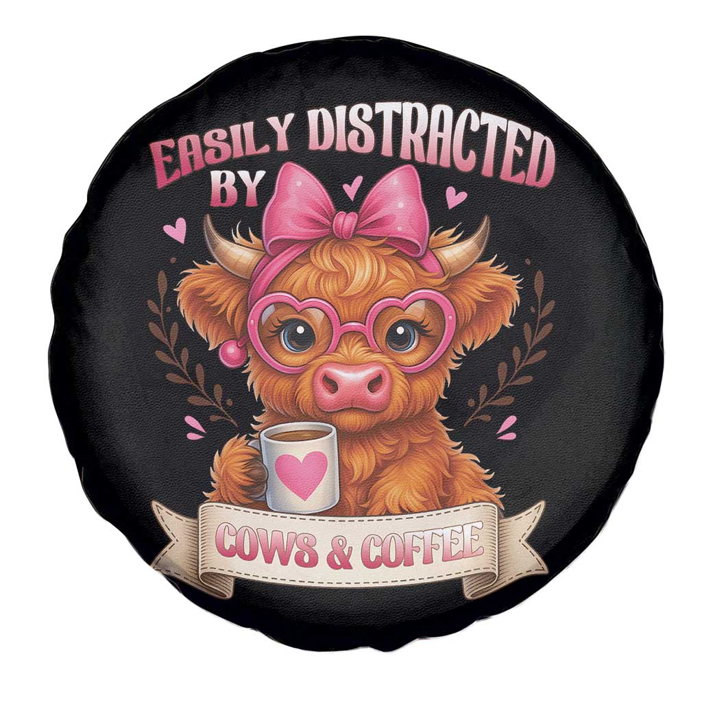 Easily Distracted By Cow And Coffee Spare Tire Cover Funny Highland Cow - Wonder Print Shop