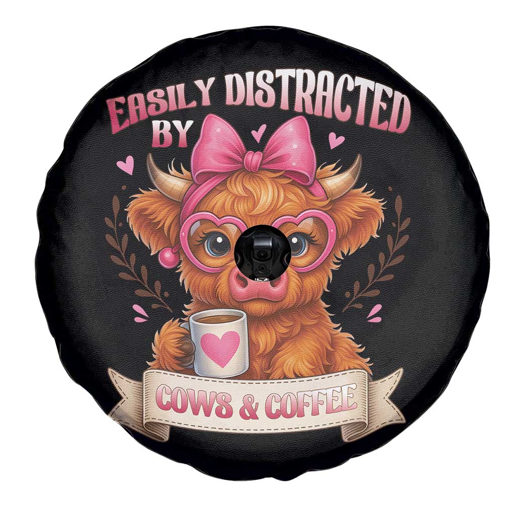 Easily Distracted By Cow And Coffee Spare Tire Cover Funny Highland Cow - Wonder Print Shop