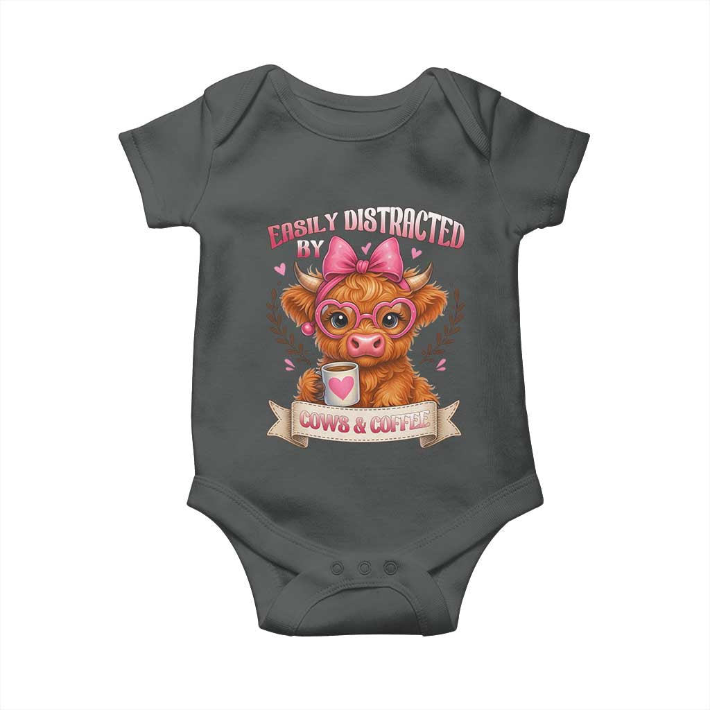 Easily Distracted By Cow And Coffee Baby Onesie Funny Highland Cow - Wonder Print Shop