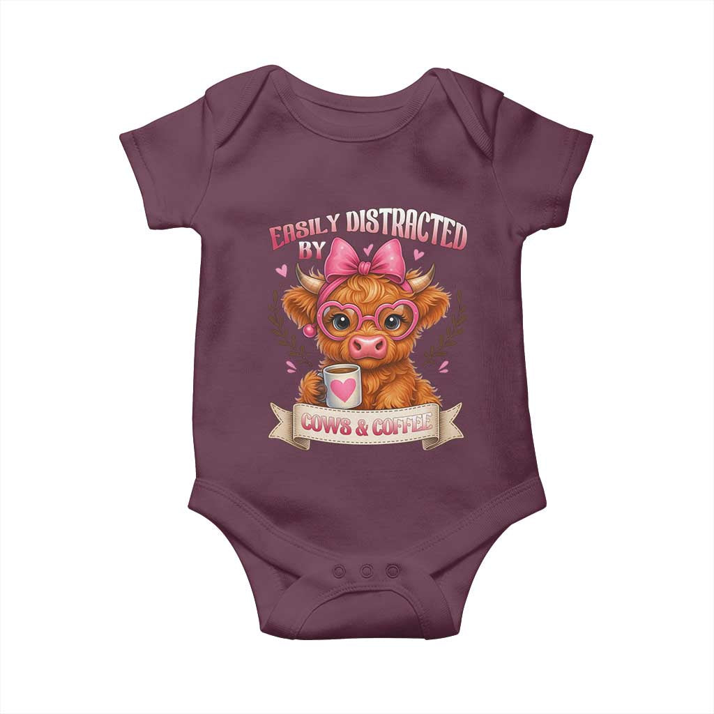 Easily Distracted By Cow And Coffee Baby Onesie Funny Highland Cow - Wonder Print Shop