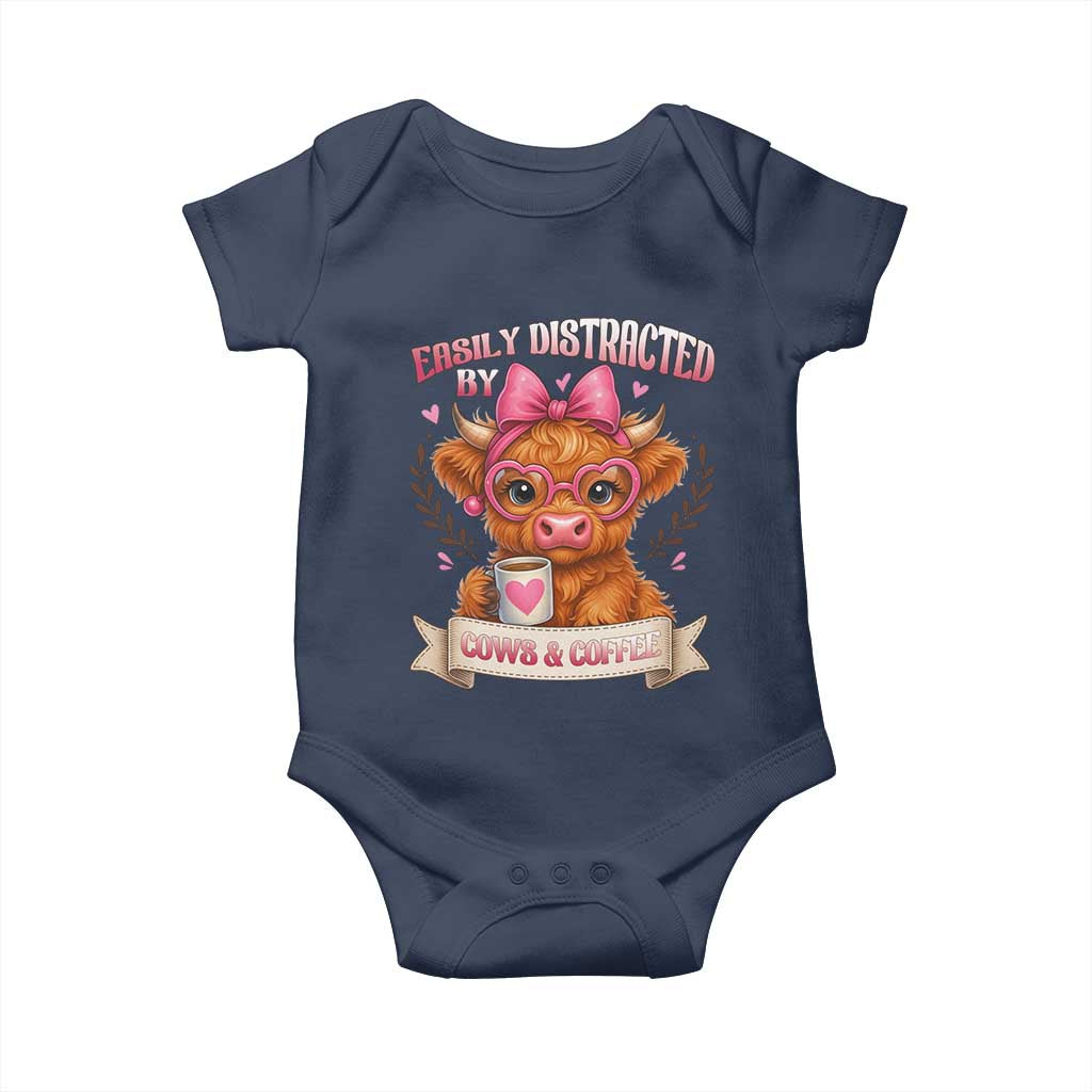 Easily Distracted By Cow And Coffee Baby Onesie Funny Highland Cow - Wonder Print Shop