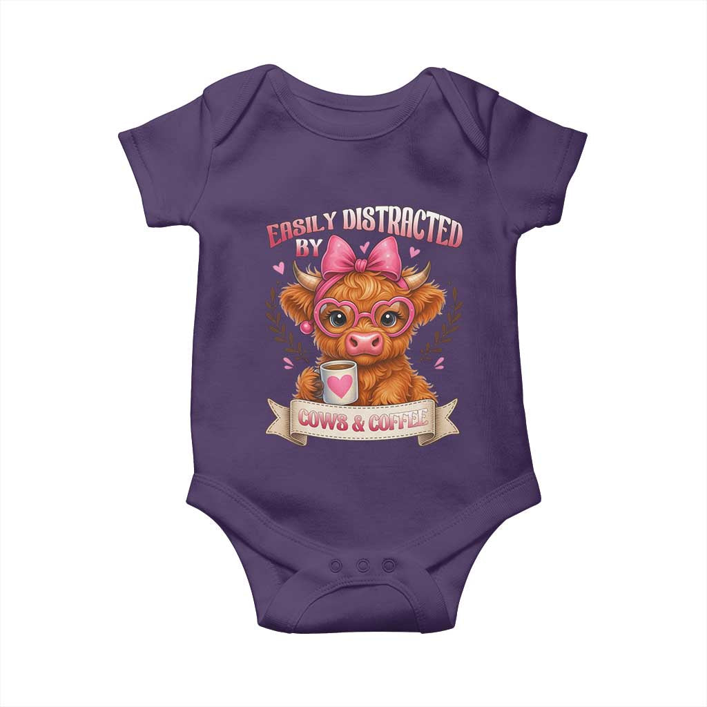 Easily Distracted By Cow And Coffee Baby Onesie Funny Highland Cow - Wonder Print Shop