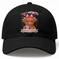 Easily Distracted By Cow And Coffee Baseball Cap Funny Highland Cow
