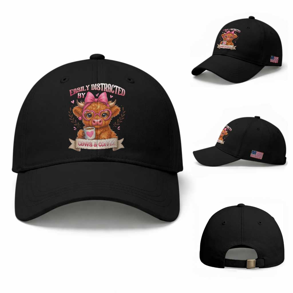 Easily Distracted By Cow And Coffee Baseball Cap Funny Highland Cow