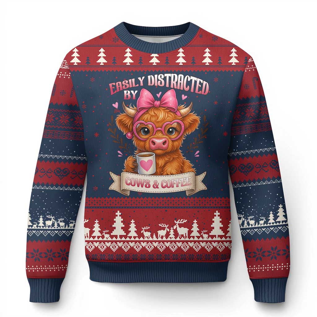 Easily Distracted By Cow And Coffee Ugly Christmas Sweater Funny Highland Cow - Wonder Print Shop