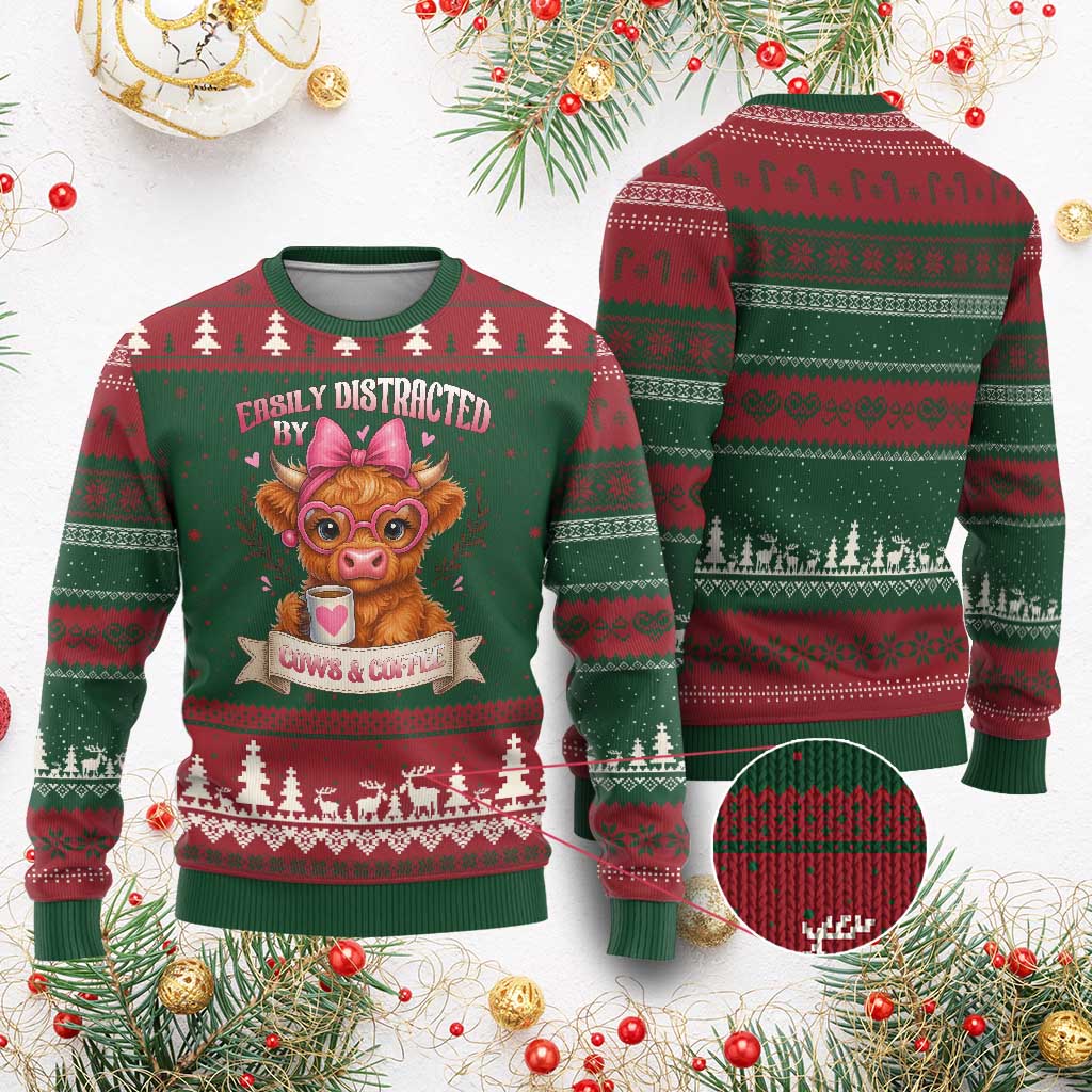 Easily Distracted By Cow And Coffee Ugly Christmas Sweater Funny Highland Cow - Wonder Print Shop