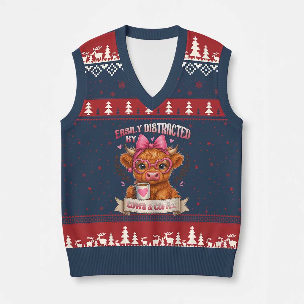 Easily Distracted By Cow And Coffee V-Neck Knit Sweater Vest Funny Highland Cow - Wonder Print Shop