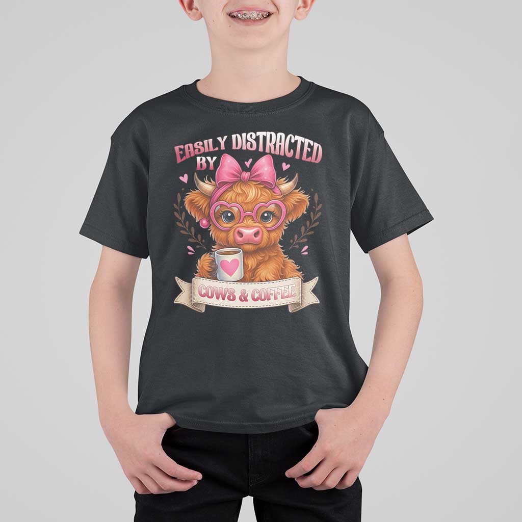 Easily Distracted By Cow And Coffee T Shirt For Kid Funny Highland Cow - Wonder Print Shop