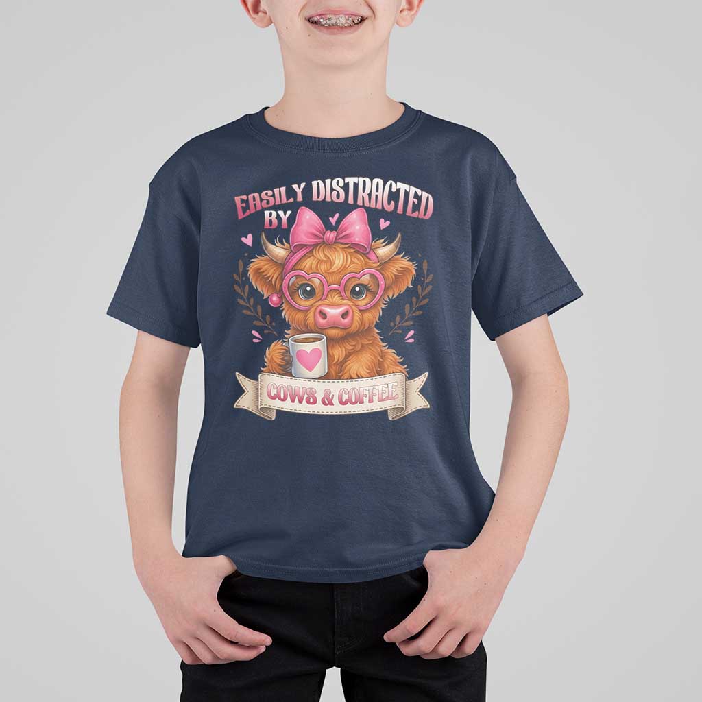 Easily Distracted By Cow And Coffee T Shirt For Kid Funny Highland Cow - Wonder Print Shop