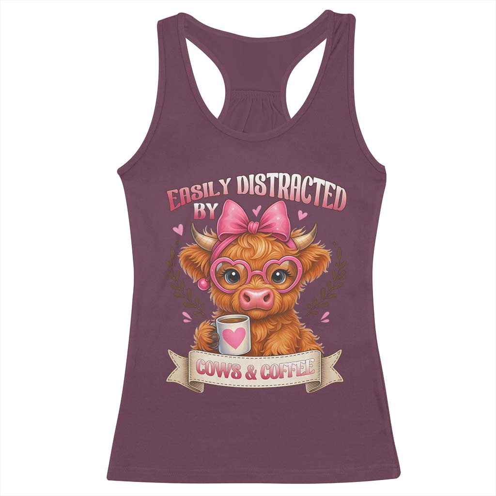 Easily Distracted By Cow And Coffee Racerback Tank Top Funny Highland Cow - Wonder Print Shop