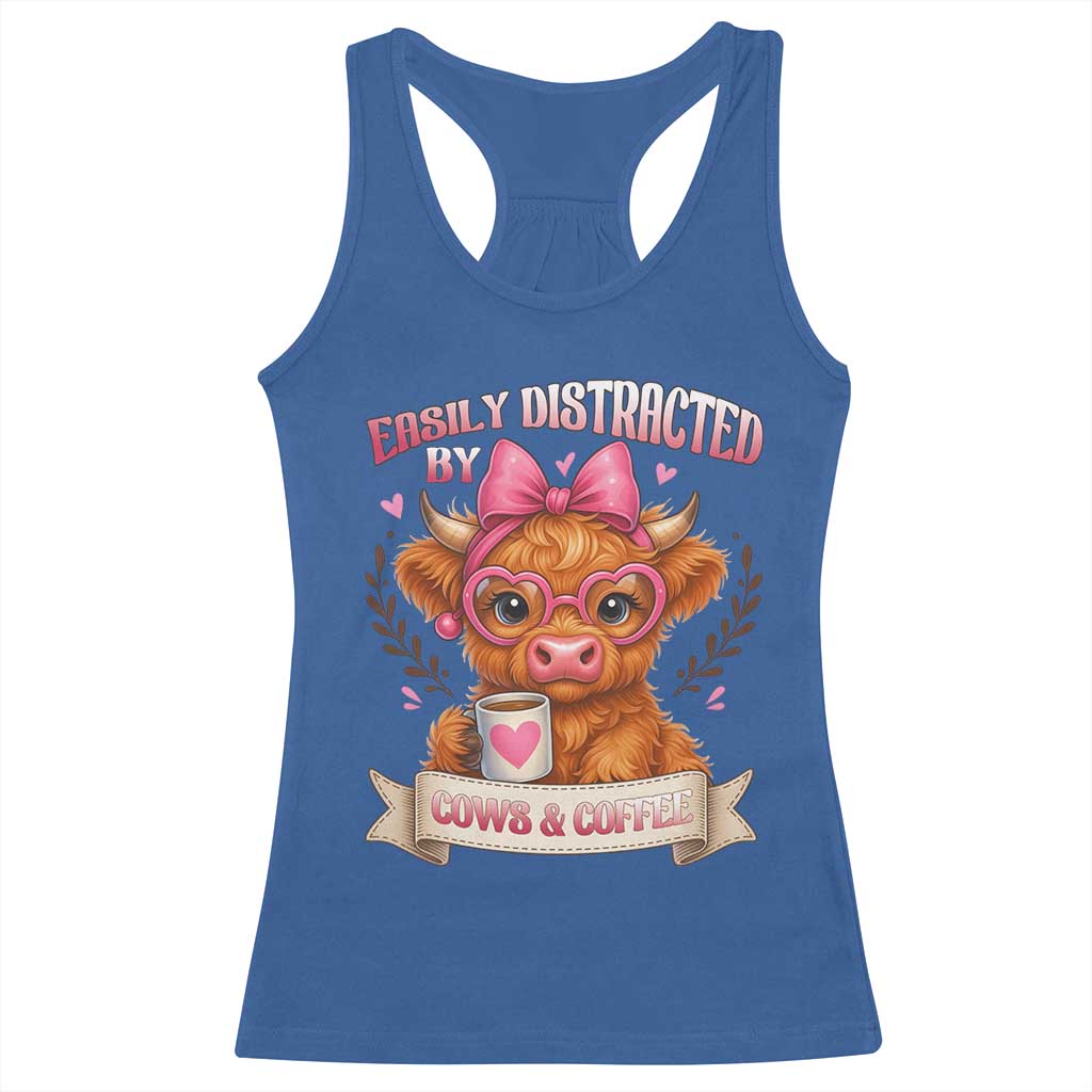 Easily Distracted By Cow And Coffee Racerback Tank Top Funny Highland Cow - Wonder Print Shop