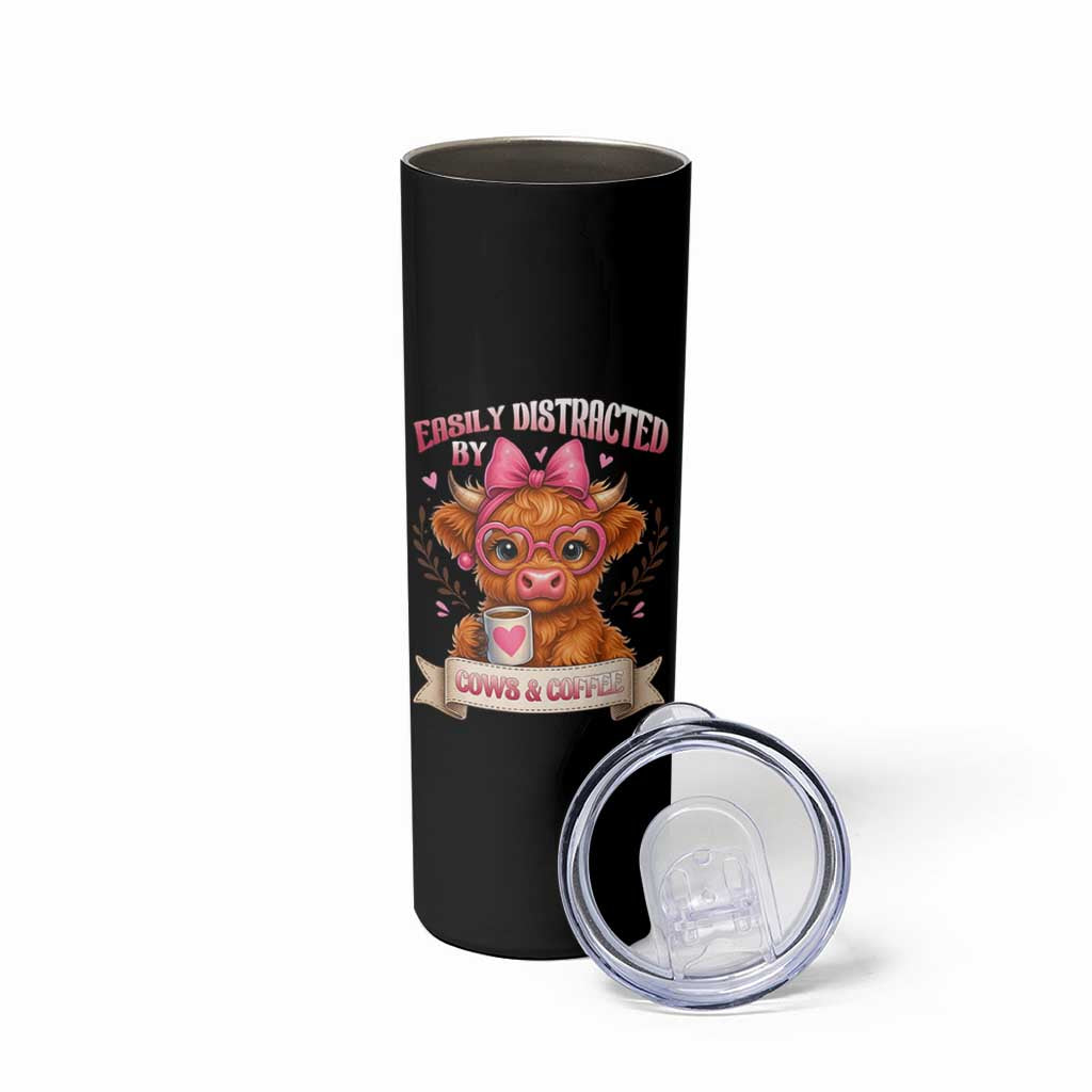 Easily Distracted By Cow And Coffee Skinny Tumbler Funny Highland Cow
