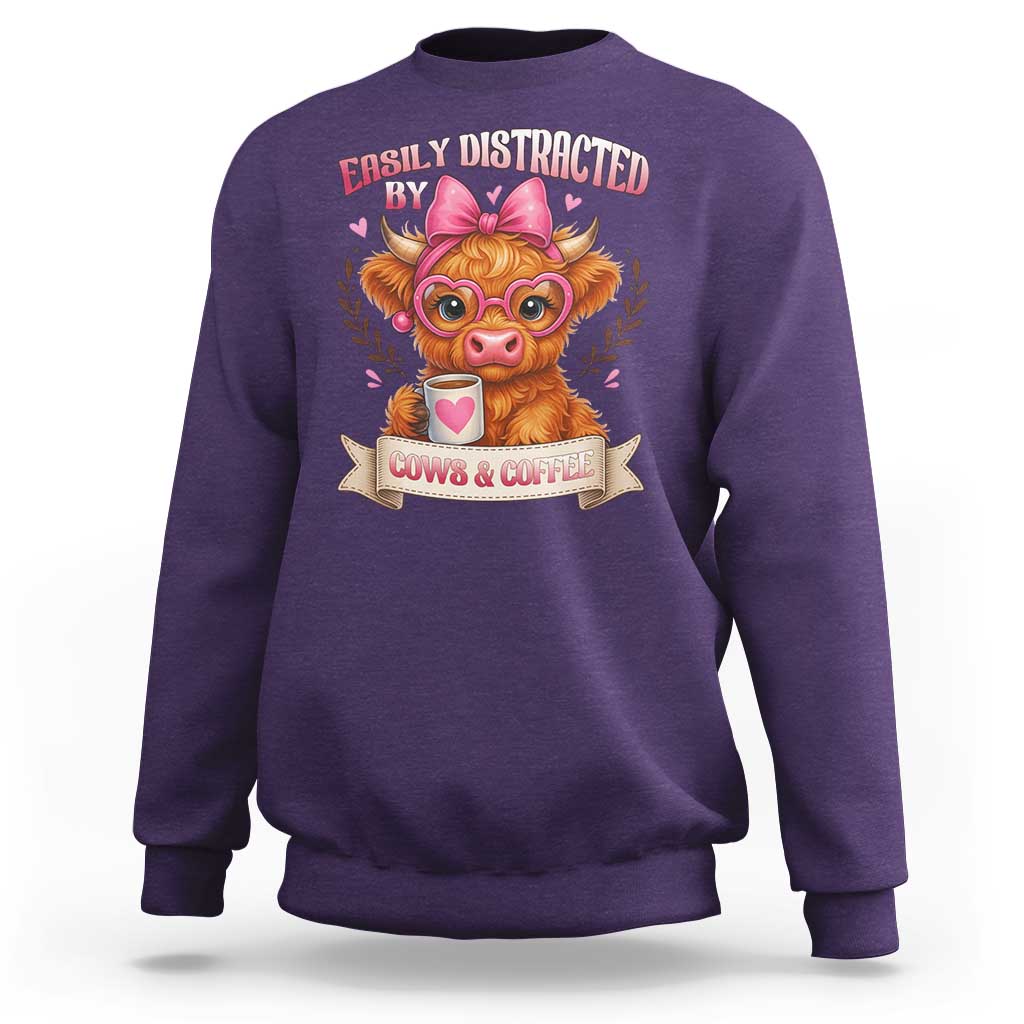 Easily Distracted By Cow And Coffee Sweatshirt Funny Highland Cow - Wonder Print Shop