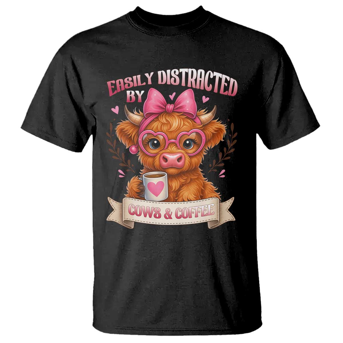 Easily Distracted By Cow And Coffee T Shirt Funny Highland Cow - Wonder Print Shop