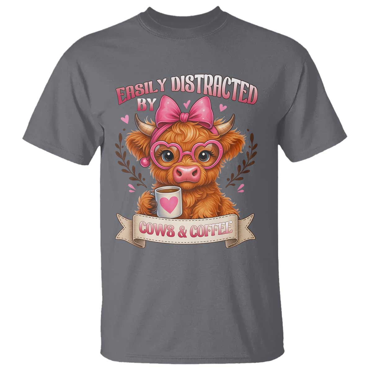 Easily Distracted By Cow And Coffee T Shirt Funny Highland Cow - Wonder Print Shop