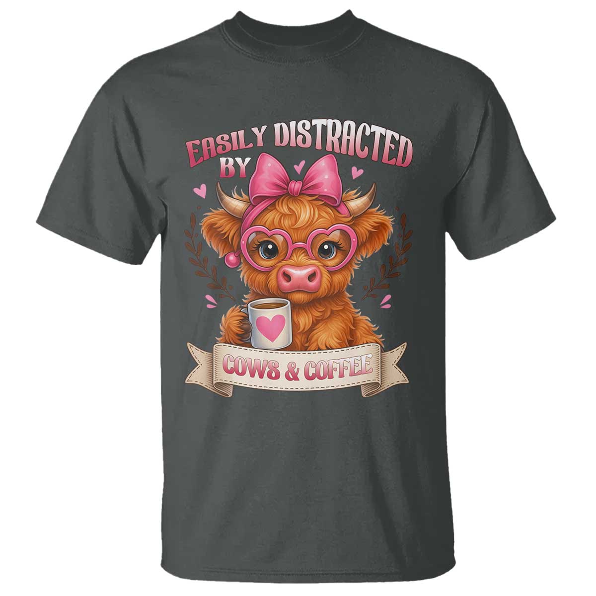 Easily Distracted By Cow And Coffee T Shirt Funny Highland Cow - Wonder Print Shop