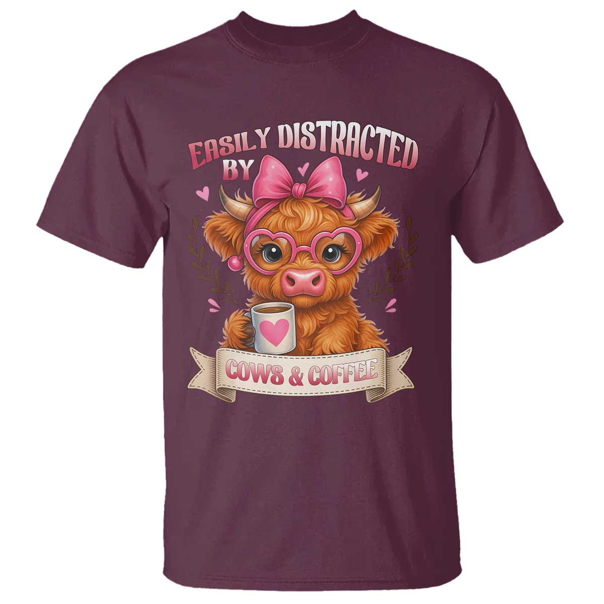 Easily Distracted By Cow And Coffee T Shirt Funny Highland Cow - Wonder Print Shop