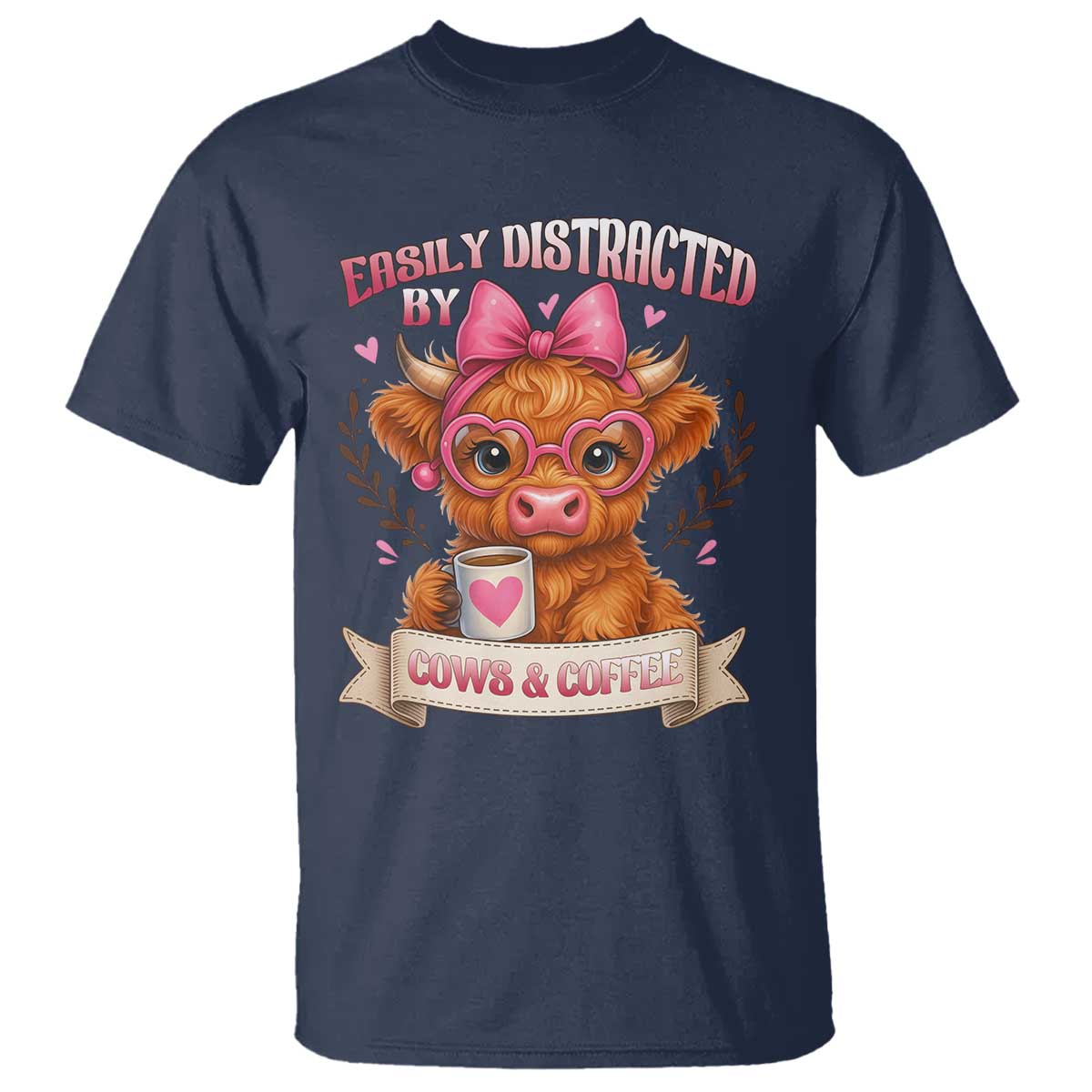Easily Distracted By Cow And Coffee T Shirt Funny Highland Cow - Wonder Print Shop