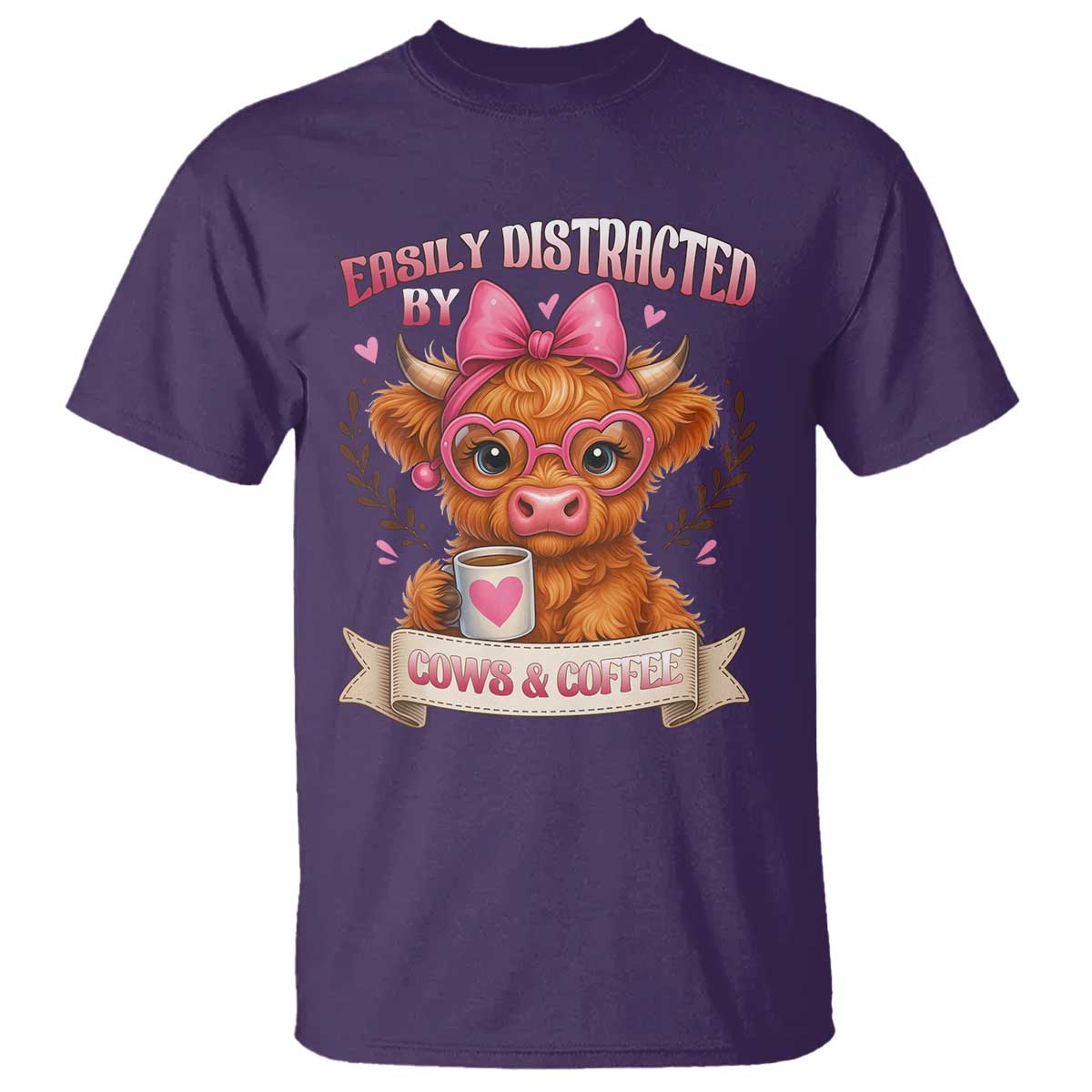 Easily Distracted By Cow And Coffee T Shirt Funny Highland Cow - Wonder Print Shop