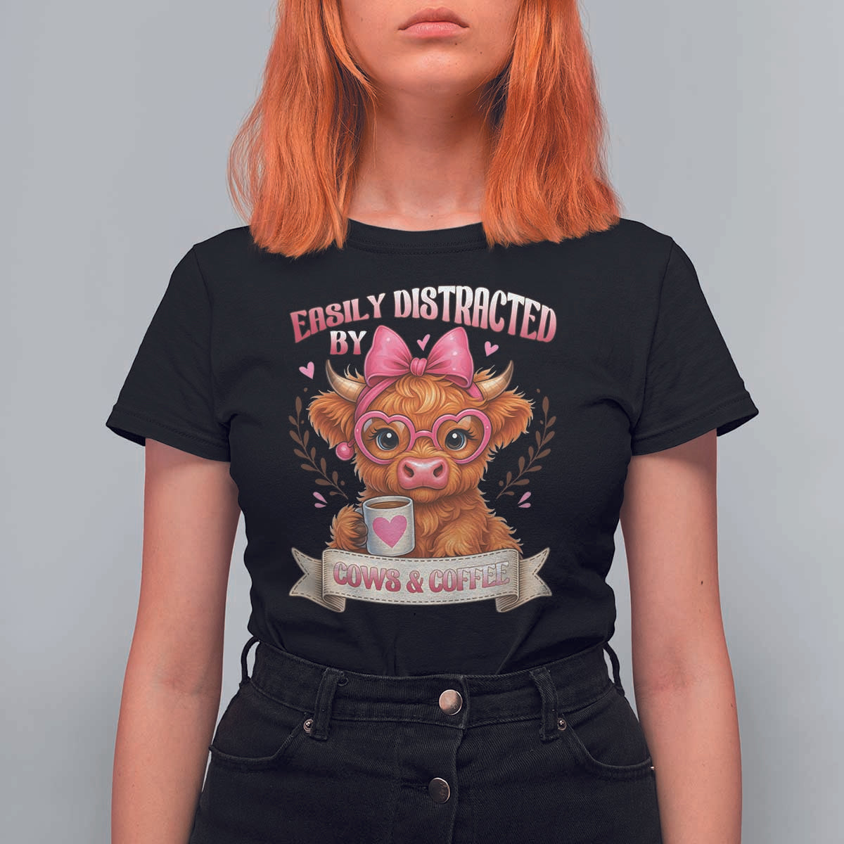 Easily Distracted By Cow And Coffee T Shirt For Women Funny Highland Cow - Wonder Print Shop