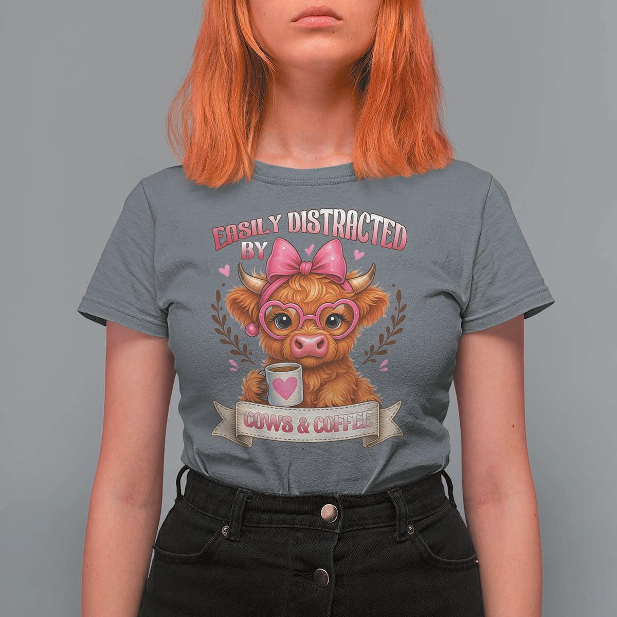 Easily Distracted By Cow And Coffee T Shirt For Women Funny Highland Cow - Wonder Print Shop