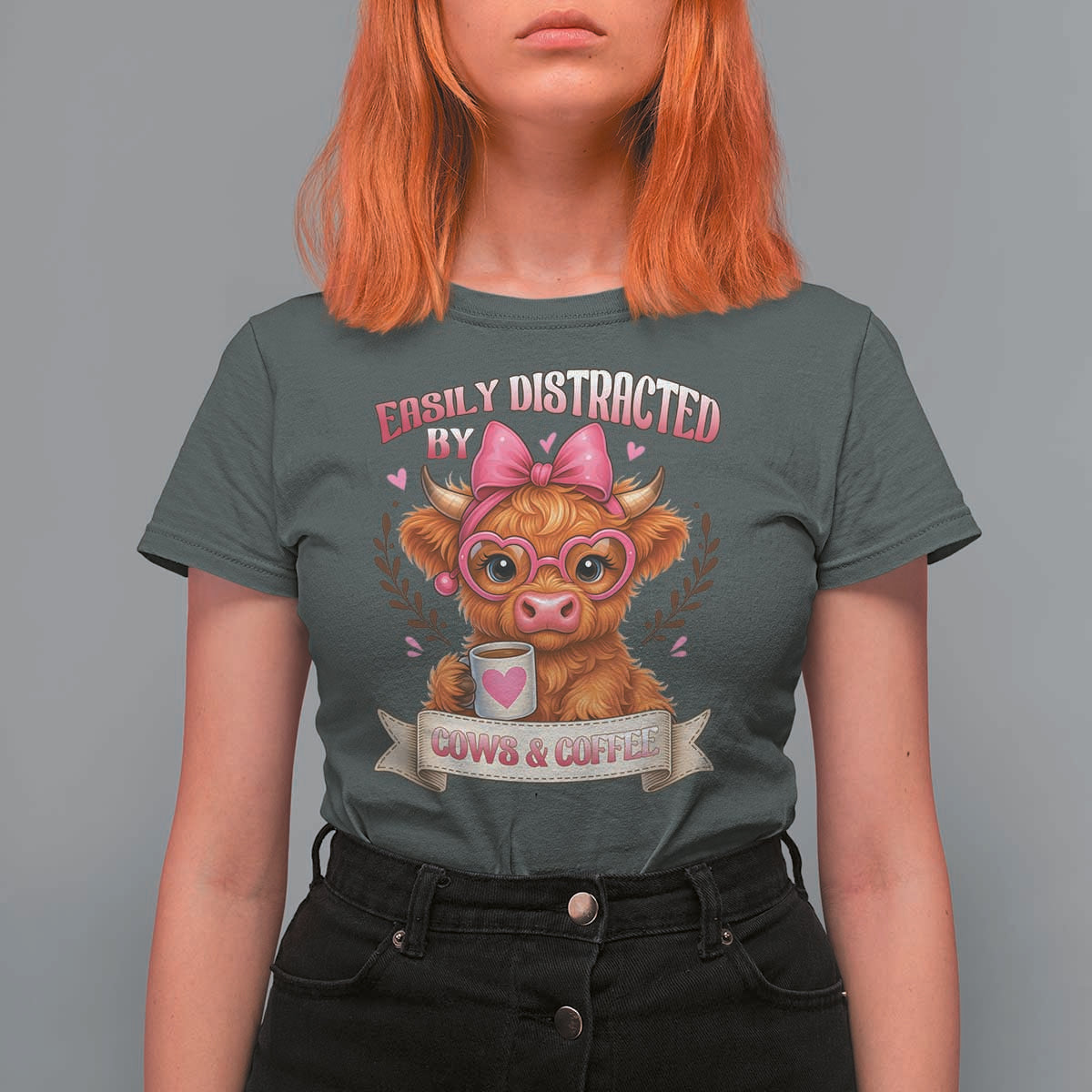 Easily Distracted By Cow And Coffee T Shirt For Women Funny Highland Cow - Wonder Print Shop