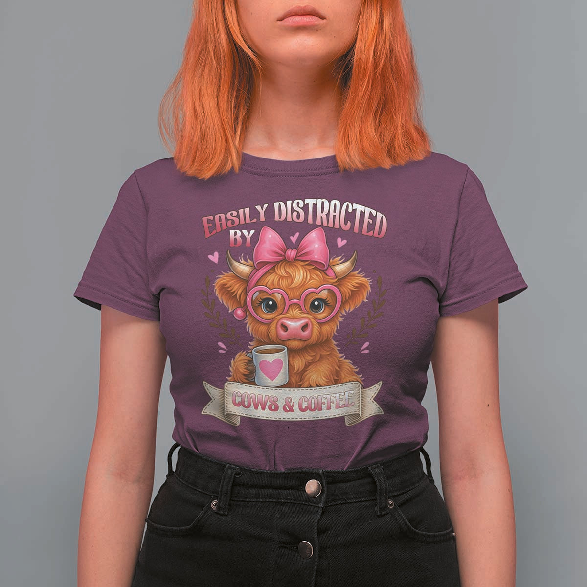 Easily Distracted By Cow And Coffee T Shirt For Women Funny Highland Cow - Wonder Print Shop