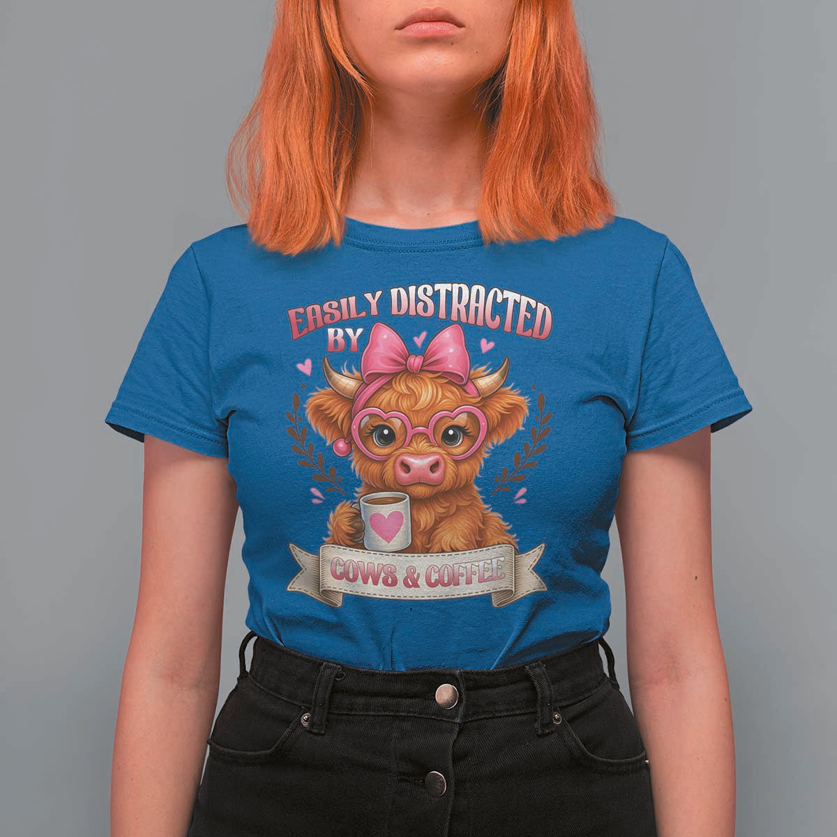 Easily Distracted By Cow And Coffee T Shirt For Women Funny Highland Cow - Wonder Print Shop