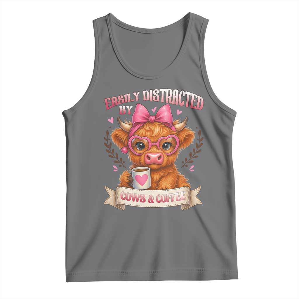Easily Distracted By Cow And Coffee Tank Top Funny Highland Cow - Wonder Print Shop