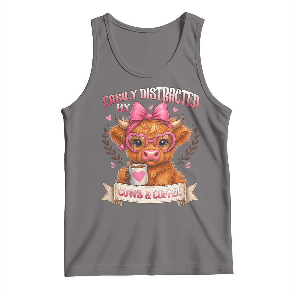 Easily Distracted By Cow And Coffee Tank Top Funny Highland Cow - Wonder Print Shop