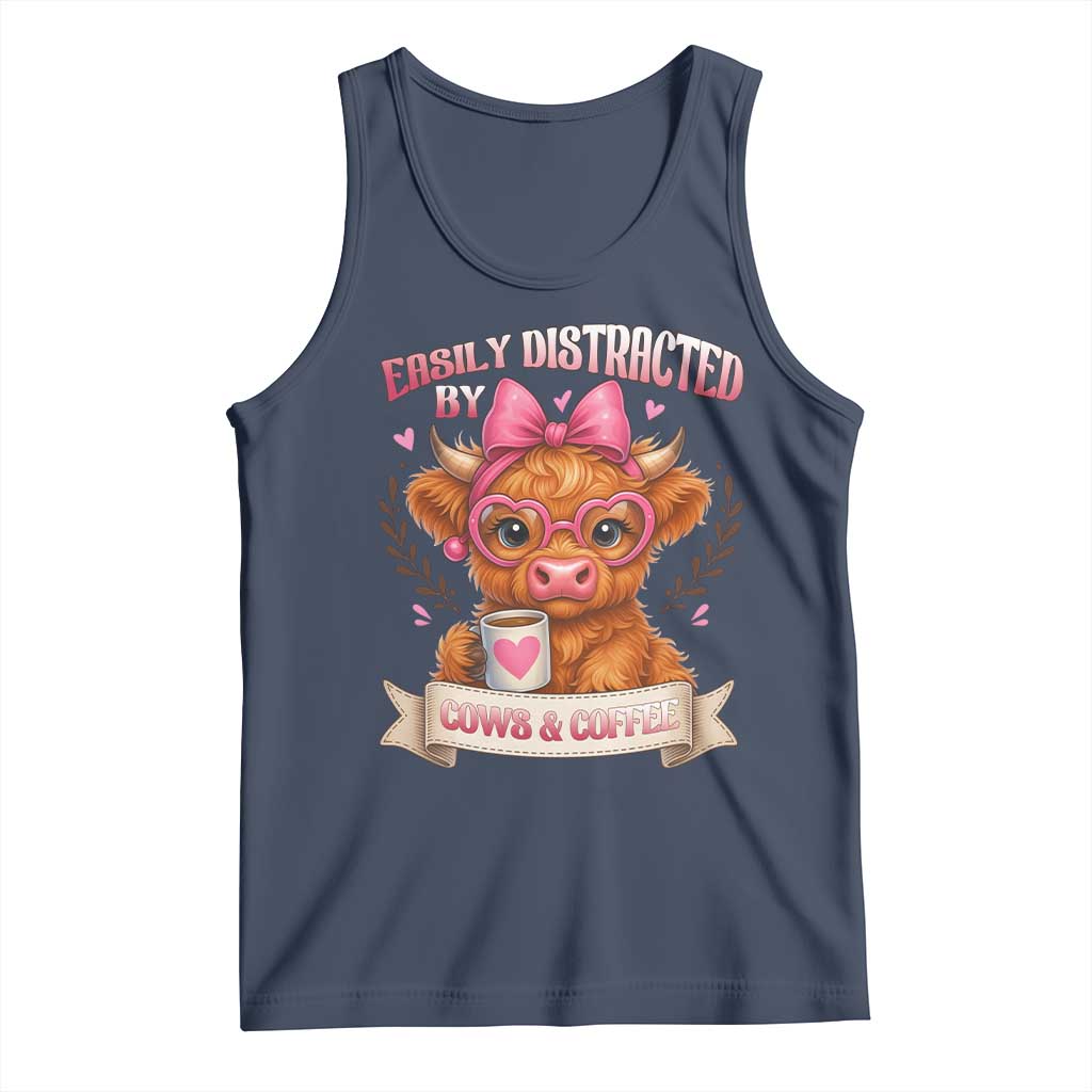 Easily Distracted By Cow And Coffee Tank Top Funny Highland Cow - Wonder Print Shop