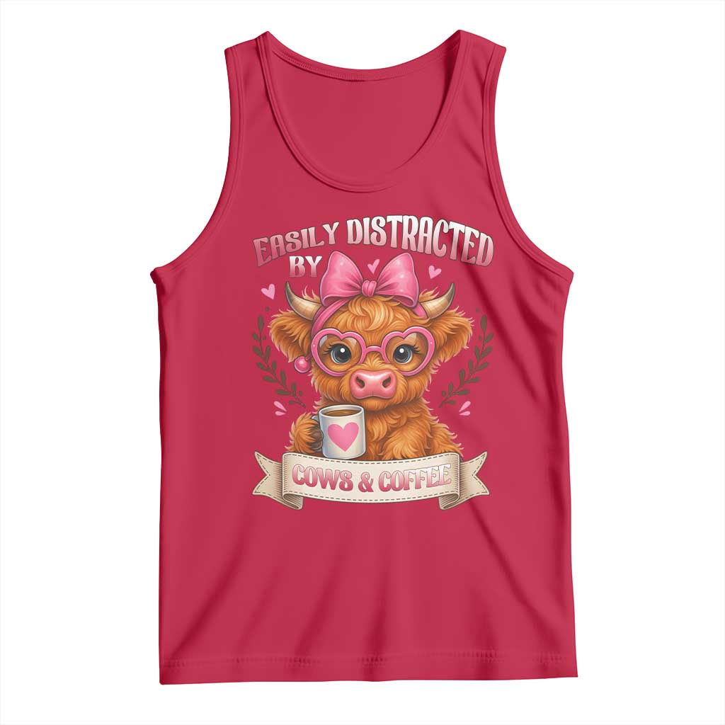 Easily Distracted By Cow And Coffee Tank Top Funny Highland Cow - Wonder Print Shop