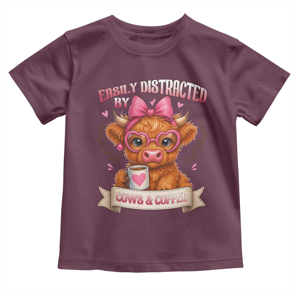 Easily Distracted By Cow And Coffee Toddler T Shirt Funny Highland Cow - Wonder Print Shop