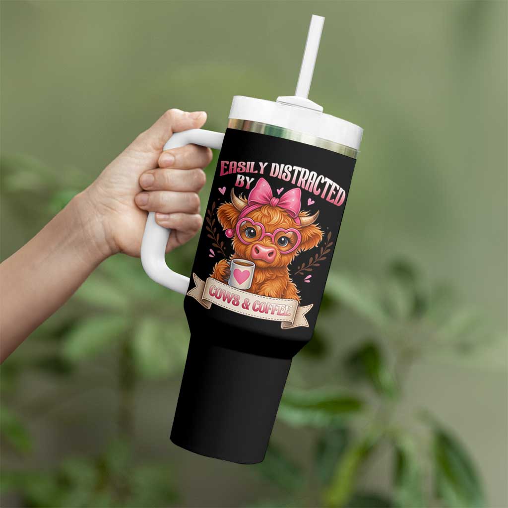 Easily Distracted By Cow And Coffee Tumbler With Handle Funny Highland Cow