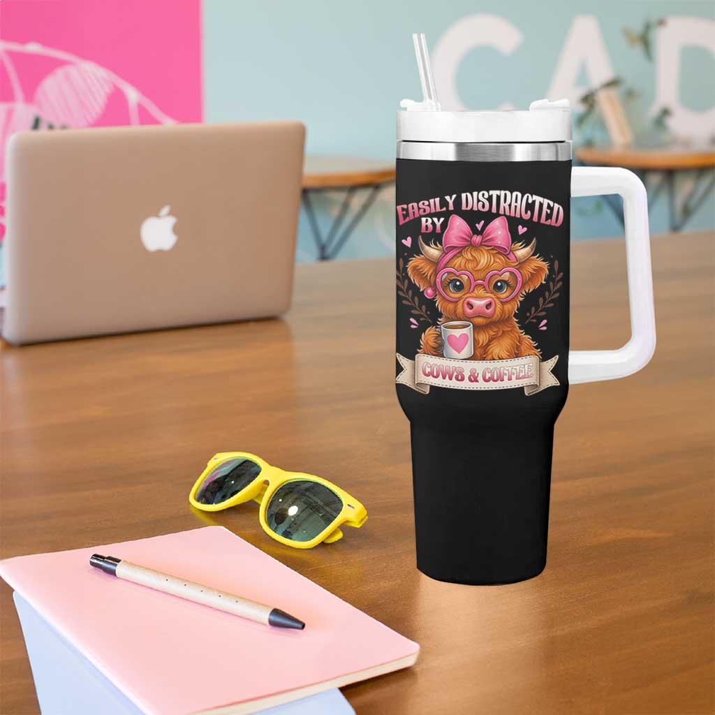 Easily Distracted By Cow And Coffee Tumbler With Handle Funny Highland Cow