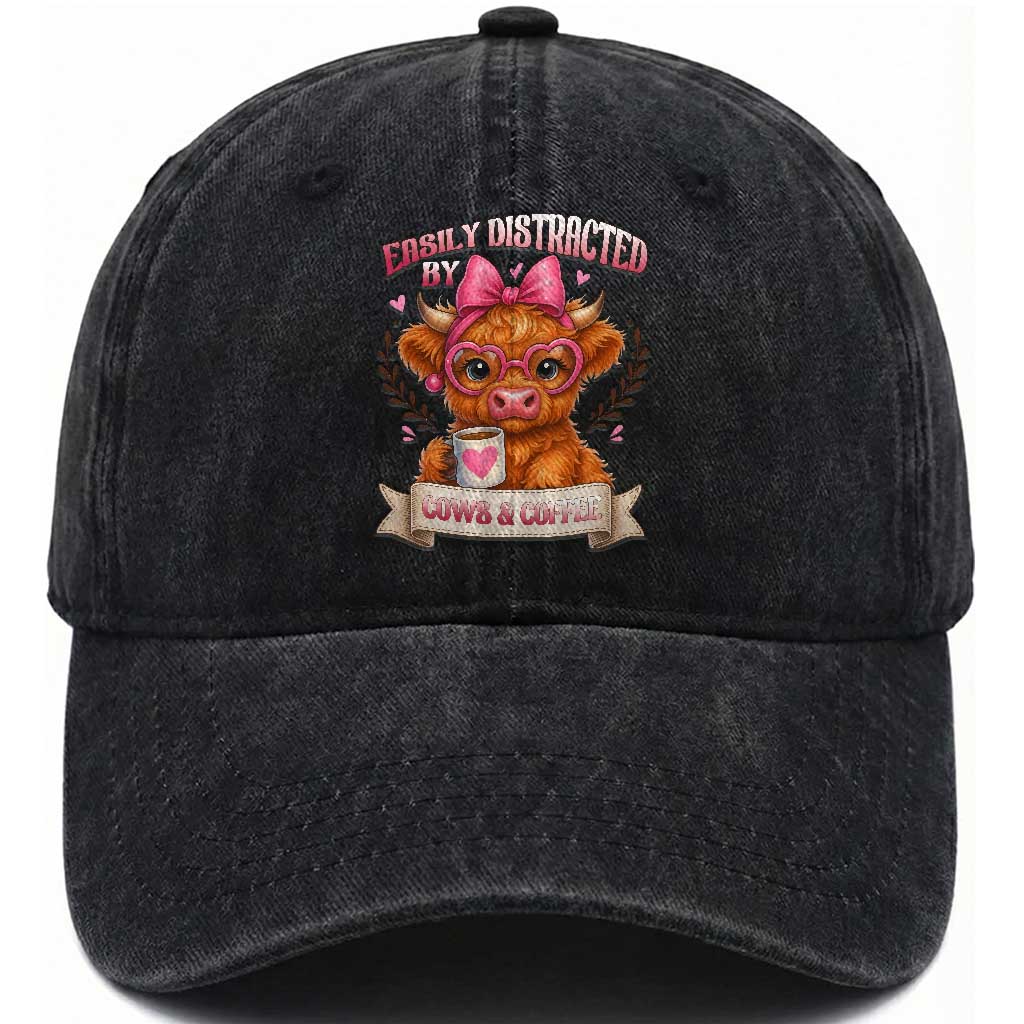 Easily Distracted By Cow And Coffee Washed Cotton Baseball Cap Funny Highland Cow