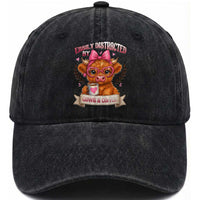 Easily Distracted By Cow And Coffee Washed Cotton Baseball Cap Funny Highland Cow